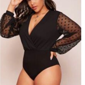 Sheer Sleeve Plunging Neckline Bodysuit
